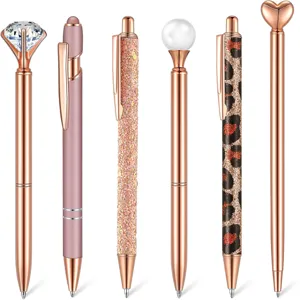 Rose gold ballpoint pens set with diamond pearl and leopard print details for chic office use.