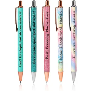 5-piece novelty ballpoint pen set with funny quotes and glitter barrel design for office gifts.