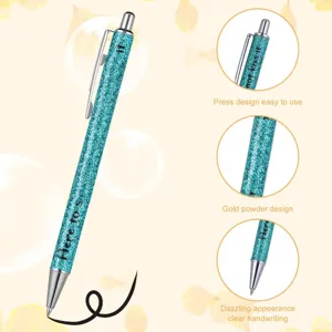 Glitter teal ballpoint pen with press design and clear handwriting, smooth writing for office.