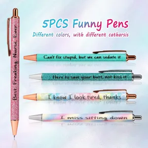 5pcs funny nurse ballpoint pens set with glitter finish and humorous quote text designs.