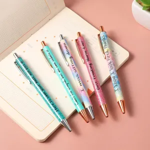 Glitter ballpoint pen set with funny quotes, colorful retractable metal pens for daily office use.