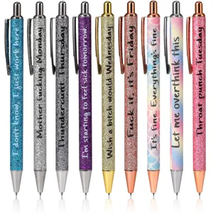 Set of 9 glitter ballpoint pens with funny quotes, metal clip, smooth writing office stationery.