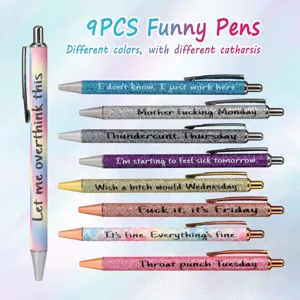 9 Pcs funny glitter ballpoint pens set with sarcastic quotes and colorful barrel design for office.