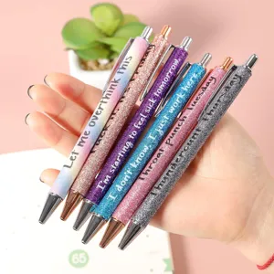 Set of glitter ballpoint pens with funny English quotes, metal tip, creative stationery gift.