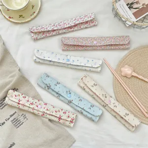 Bolsa de Almacenamiento de Cubiertos de Patchwork de Cuadros Florales Botón a Presión Estuche de Palillos Portátil Organizador