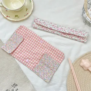 Bolsa de almacenamiento de vajilla patchwork floral a cuadros rosa estudiante estuche portátil