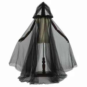 Black sheer mesh hooded cloak detail, long gothic vampire witch costume accessory.
