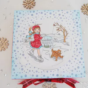 DIY fustella tema invernale carta con meccanismo e graziosa ragazza che pattina.