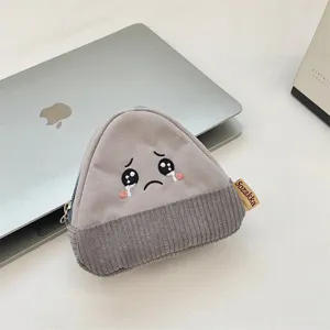 Detailed macro view of a cute triangular corduroy coin purse with crying emoji face.