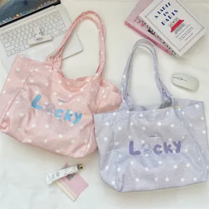 Korean style polka dot canvas tote bag with Lucky elephant embroidery detail view