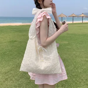 Bolso tote coreano de organza con lunares, lazo grande y detalles de flores brillantes