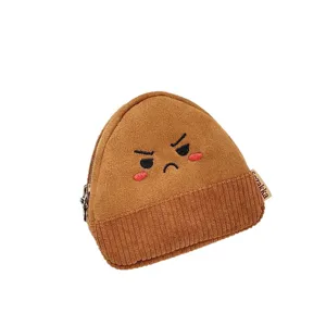 Cute cartoon rice ball coin purse with angry face in brown corduroy patchwork