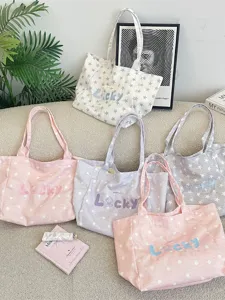 Korean Style Large Capacity Tote Bag Sweet Star Polka Dot Lucky Embroidery Polyester Shoulder Bag Casual Shopping Handbag For Women