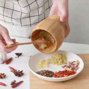 Wooden garlic press mortar and pestle set for kitchen spice grinding and crushing home cooking tool