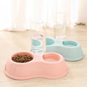 Double pet bowl with automatic water dispenser, plastic cat and dog food feeding station.