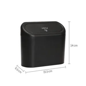 Vista dettagliata del mini cestino nero per auto con coperchio push e dimensioni chiare.