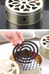 Portainciensos de metal para mosquitos con asa y tapa perforada para uso seguro en el hogar.