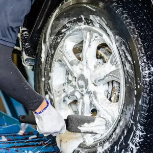 Vista dettagliata di una spazzola professionale per ruote d'auto che pulisce una gomma.