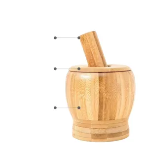 Natural bamboo wooden mortar and pestle set for kitchen garlic and spice grinding bowl.