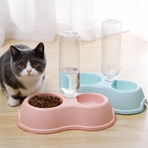 Pet Double Bowl Automatic Water Dispenser Plastic Cat Food And Water Feeder Anti Slip Pet Feeding Tableware Bowl