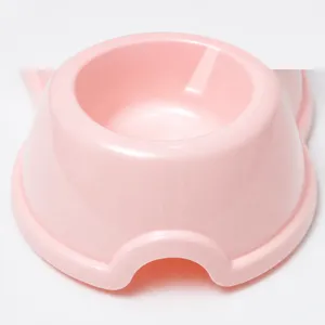 Pink plastic pet double bowl with handy side grips for easy lifting, anti-slip dog and cat feeder.