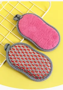 Double-sided cleaning sponge detail view, featuring abrasive scrubber and soft foam for kitchen.
