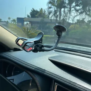 Supporto per telefono da auto con collo di cigno e ventosa per cruscotto e parabrezza.