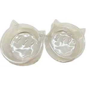 Gamelles pour chats en plastique transparent jetable avec oreilles de chat et motif de poisson.