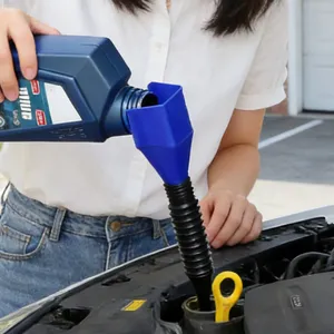 Car oil funnel with flexible hose for automotive engine maintenance detail view