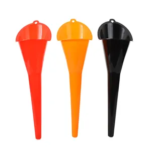 Set of 3 long spout plastic funnels in red orange and black for automotive oil refueling.