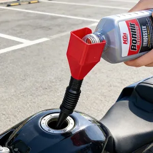 Flexible plastic fuel funnel with clamp design for easy car and motorcycle oil refilling.