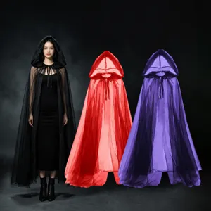 Women Halloween Hooded Cape Long Mesh Vampire Witch Dark Cosplay Costume Cloak Party Dress Up Apparel