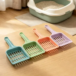 4-piece colorful plastic cat litter scoops with long handles, practical pet cleaning tools.