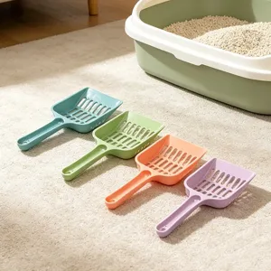 Colorful plastic cat litter scoop set, long handle and fine holes for easy cleaning.