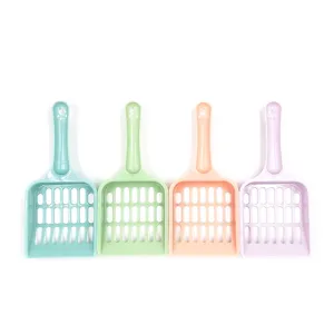 Colorful plastic cat litter scoop with long handle and fine holes, durable pet cleaning tool