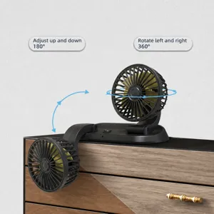 Dual-head car fan, USB powered, 360-degree rotation, powerful airflow cooling.