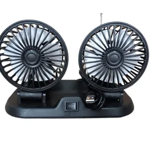 Dual head USB car fan with 360 degree rotation, powerful airflow, and silent operation for vehicles.