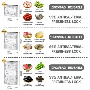 Aluminum foil food storage bags with zipper seal, reusable freezer bags in three sizes.