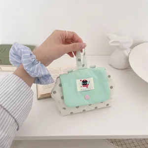 Mini pochette de rangement à pois vert menthe avec écusson chat mignon