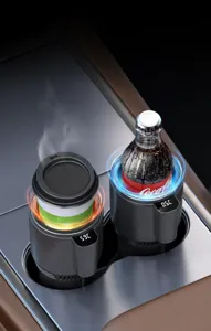 Detail view of the smart car hot and cold cup with digital display, designed for vehicle cup holders.