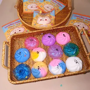 Cute dumpling squishy blind bag toy, slow rebound stress relief sensory toy in basket.