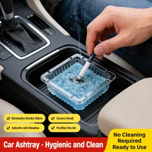 Disposable car ashtray with extinguishing crystals, smoke odor remover for auto interior.