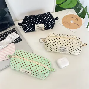 Korean Style Polyester Polka Dot Pencil Case Girlish Woven Label Makeup Bag Portable Zipper Stationery Storage Pouch For Women Travel Daily