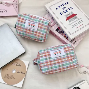 Detailed macro view of colorful plaid quilted storage bag with Have a Nice Day cloth label