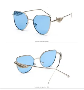Detail view of vintage embossed wing sunglasses showing front and rear perspectives clearly
