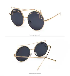 Detailed view of round cat-eye sunglasses with gold frame from multiple perspectives