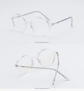 Detailansichten der runden klaren Retro-Brille aus 90- und 180-Grad-Winkeln