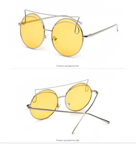 Detail views of round yellow sunglasses with a unique silver cat-ear metal frame design.