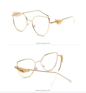 Detailed views of gold-framed sunglasses with retro wing embossed temples