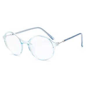 Stilvolle Retro-Rundbrille mit hellblauem transparentem Rahmen und Metallbügeln